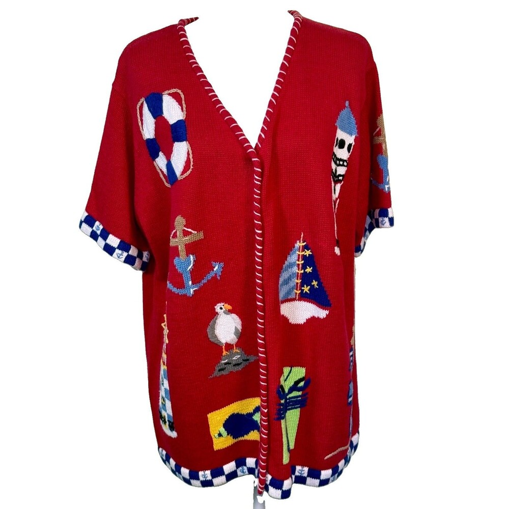Vintage Quacker Factory Sweater Cardigan XL Nautical Lighthouse Coastal Red QVC